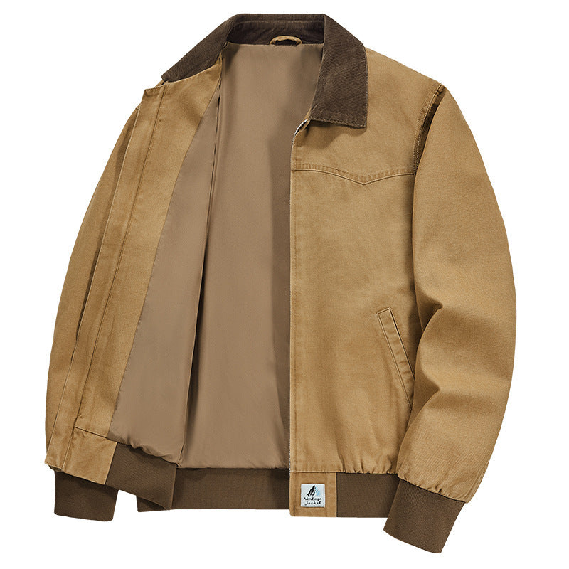 Spring And Autumn Washed Denim Work Jacket With Lapel For Young Men