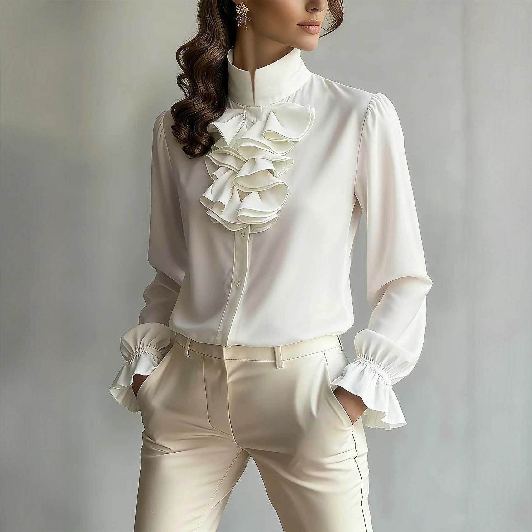 Casual Loose-neck Plain-colored Ruffled Collar Shirt