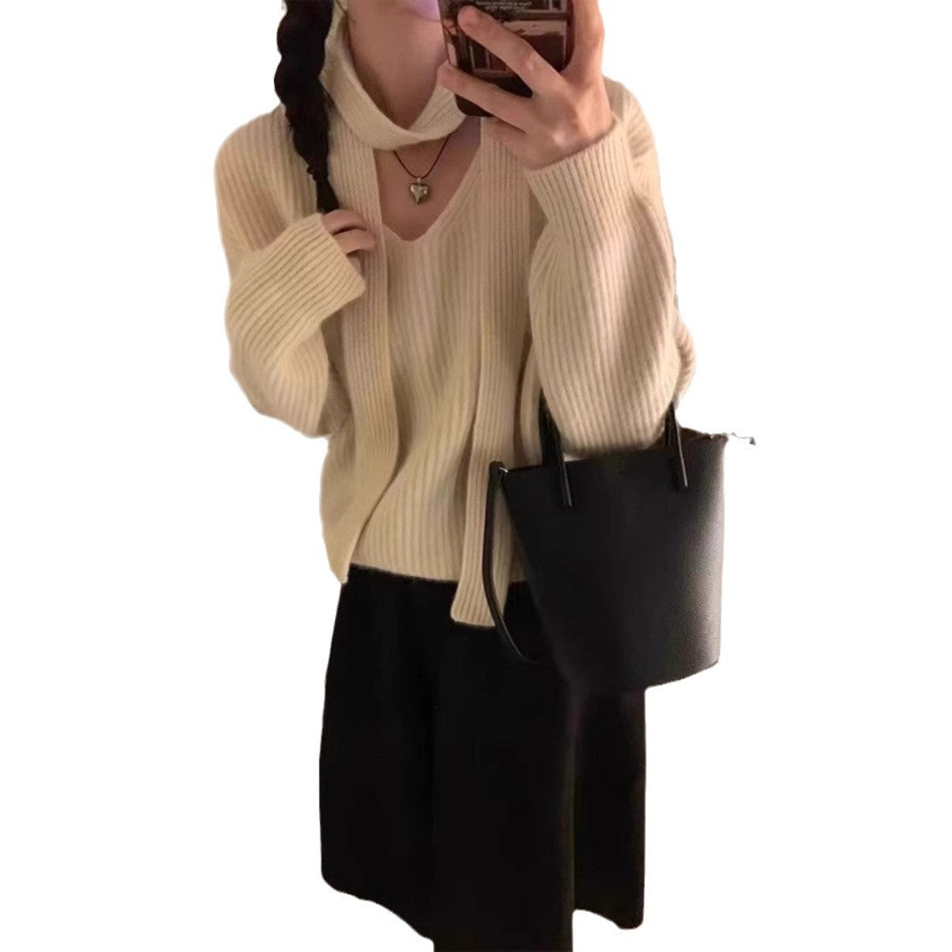 Womens Solid-Color Loose V-Neck Long-Sleeve Sweater With Ribbons