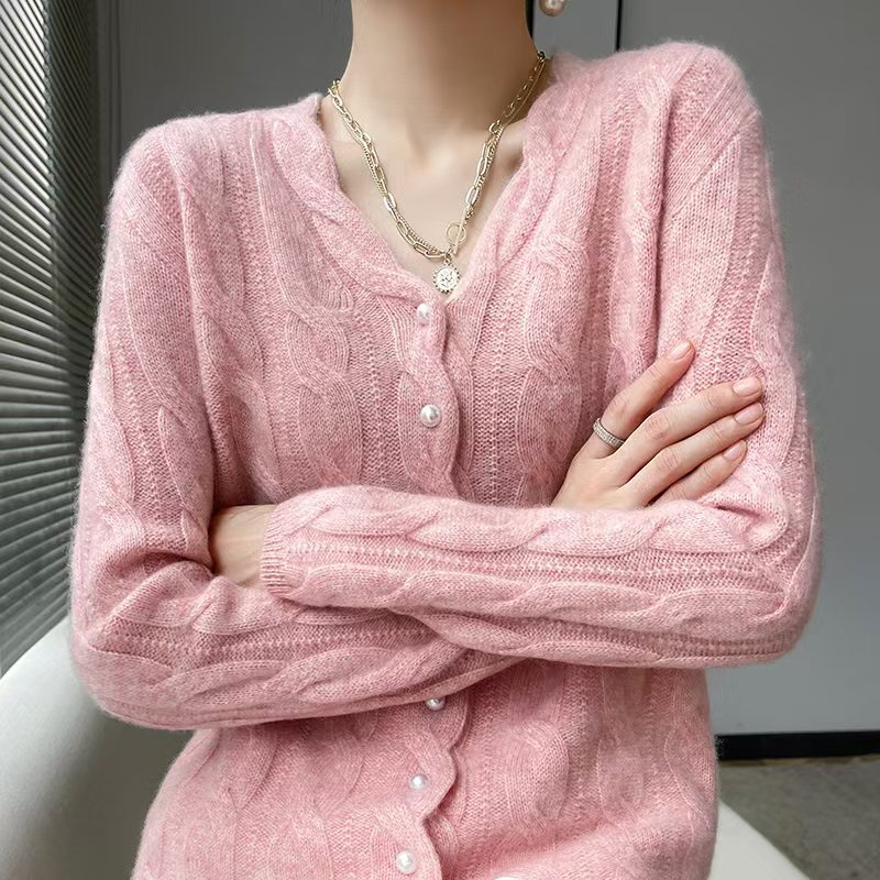 Twisted Pearl-Button V-Neck OuterwearLayering Top Knitted Sweater Jacket
