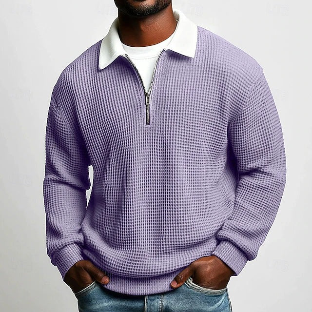 Men's Solid-Color Waffle-Weave Long-Sleeve Lapel Zip-Up Business Polo Shirt Spring Fall Zipper T-shirts Tops For Daily Wear