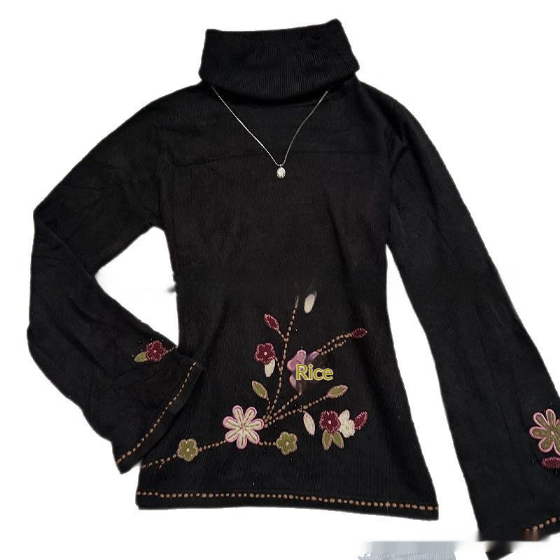 Retro Artistic Floral Print Mock-Neck Long-Sleeve Sweater For Women