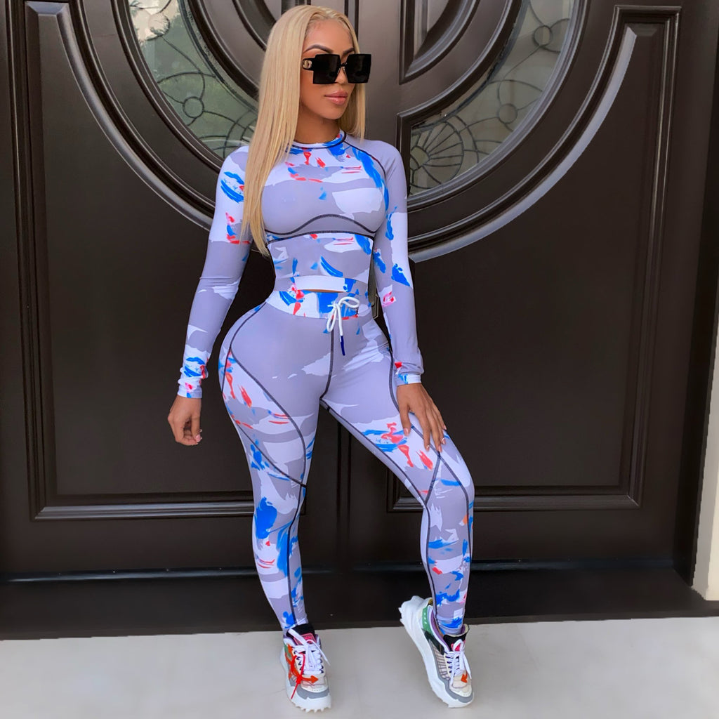Women's Digital Printing Long Sleeved Fashion Tight Suit