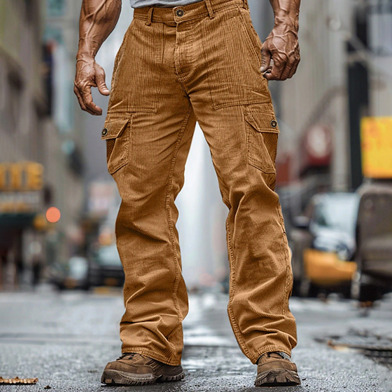 Corduroy Wear-resistant Casual Elastic Waist Multi-pocket Pure Color Comfort Men's Overalls