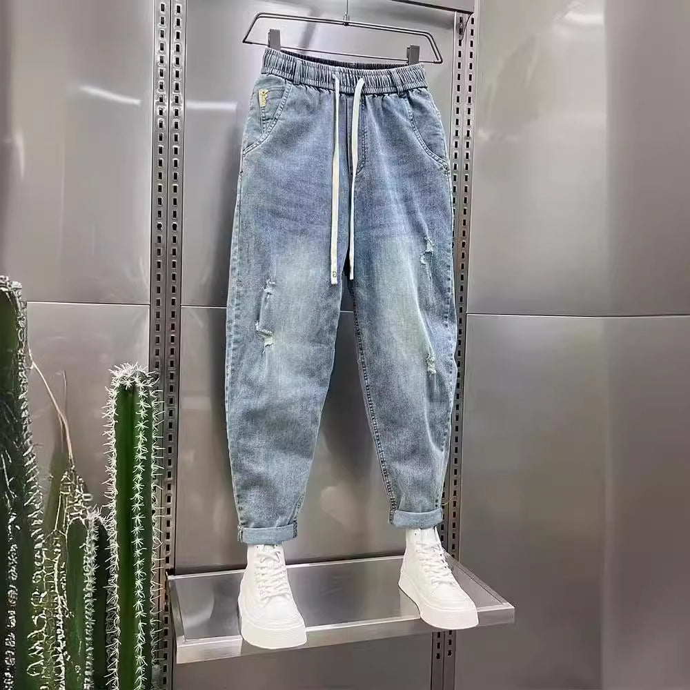 White Jeans Men's Light Blue Retro Casual Cropped