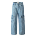 Ocean Blue Workwear Denim Jeans With Multiple Pockets Retro Style