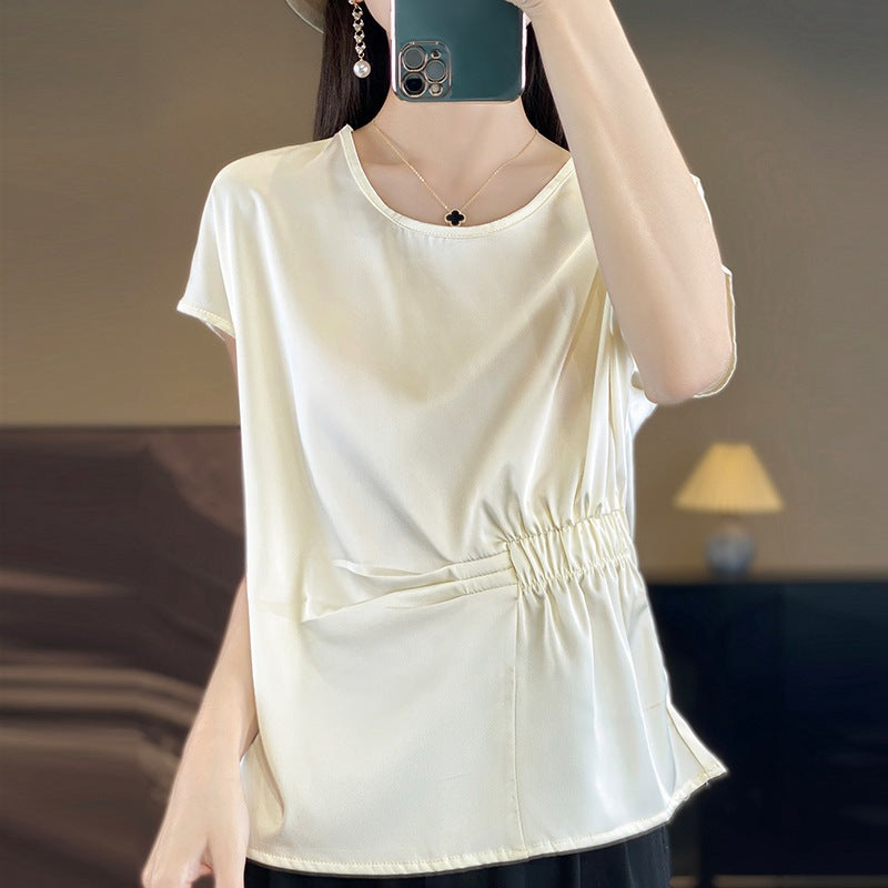 Crew-neck Simple All-match Drawstring Short-length Short-sleeve T-shirt