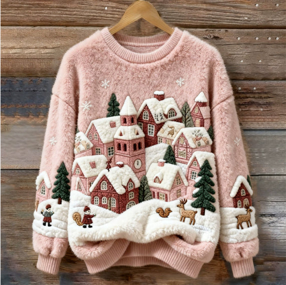 Womens Autumn Winter Christmas Cartoon Puppy Crew-Neck Sweatshirt