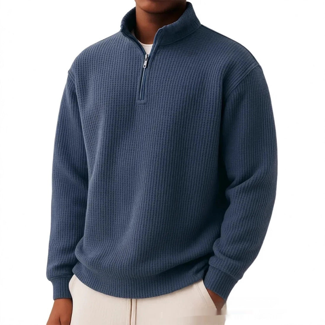 Men's Autumn And Winter Solid Color Loose Casual High-quality Waffle Long-sleeved POLO Shirt