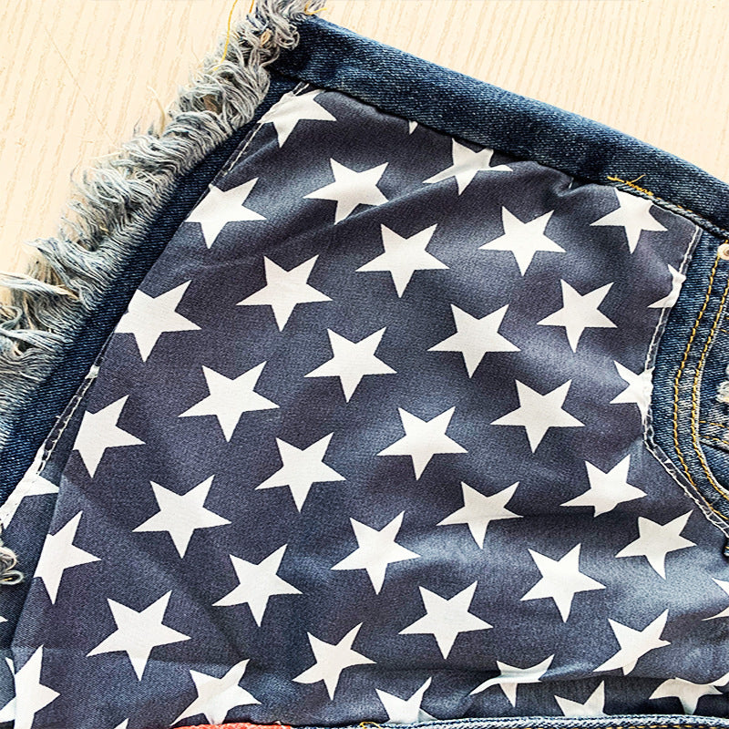 Fringed Star-Print Denim Shorts For Women