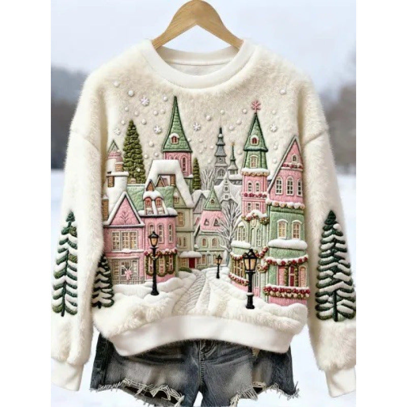 Womens Autumn Winter Christmas Cartoon Puppy Crew-Neck Sweatshirt