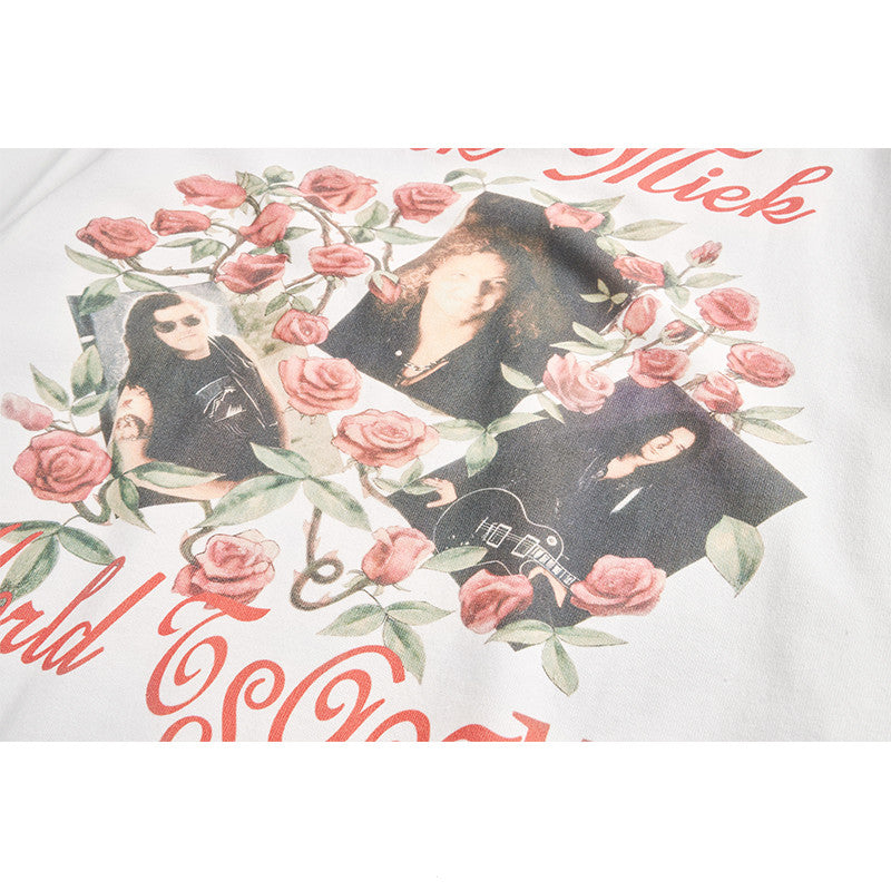 American Retro Hip Hop Rose Embroidered Short Sleeve T-Shirt