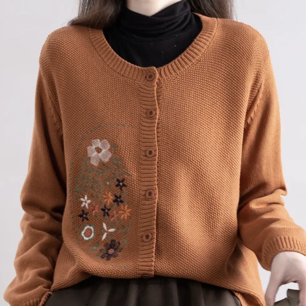 Chinese-style Corn-stitch Cotton Knit Cardigan Sweater For Women
