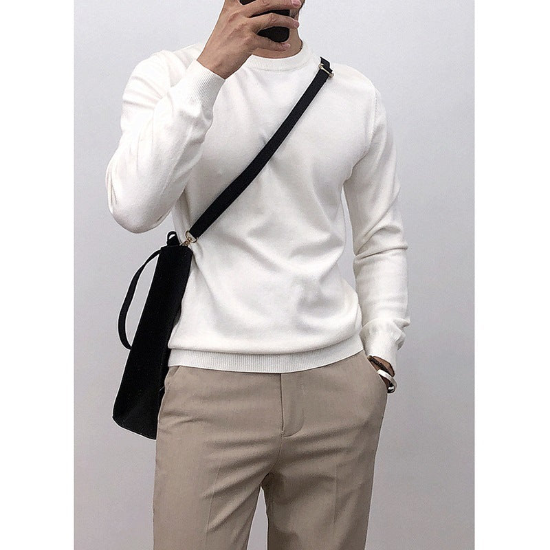 Solid-color Crew-neck Base Knit Sweater Mens Pullover