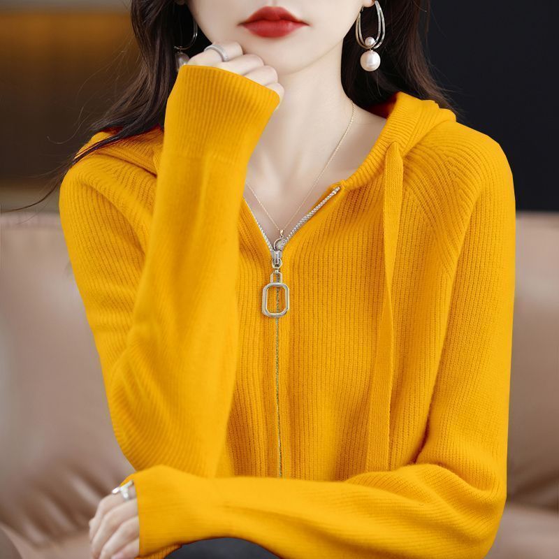 Womens Loose-Fit Zip-Up Hooded Outer Sweater