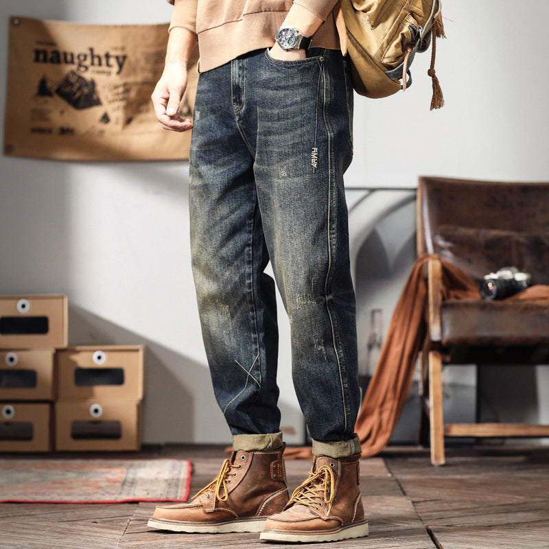 Retro Mens Loose-fit Plus-size Wide-leg Casual Denim Jeans