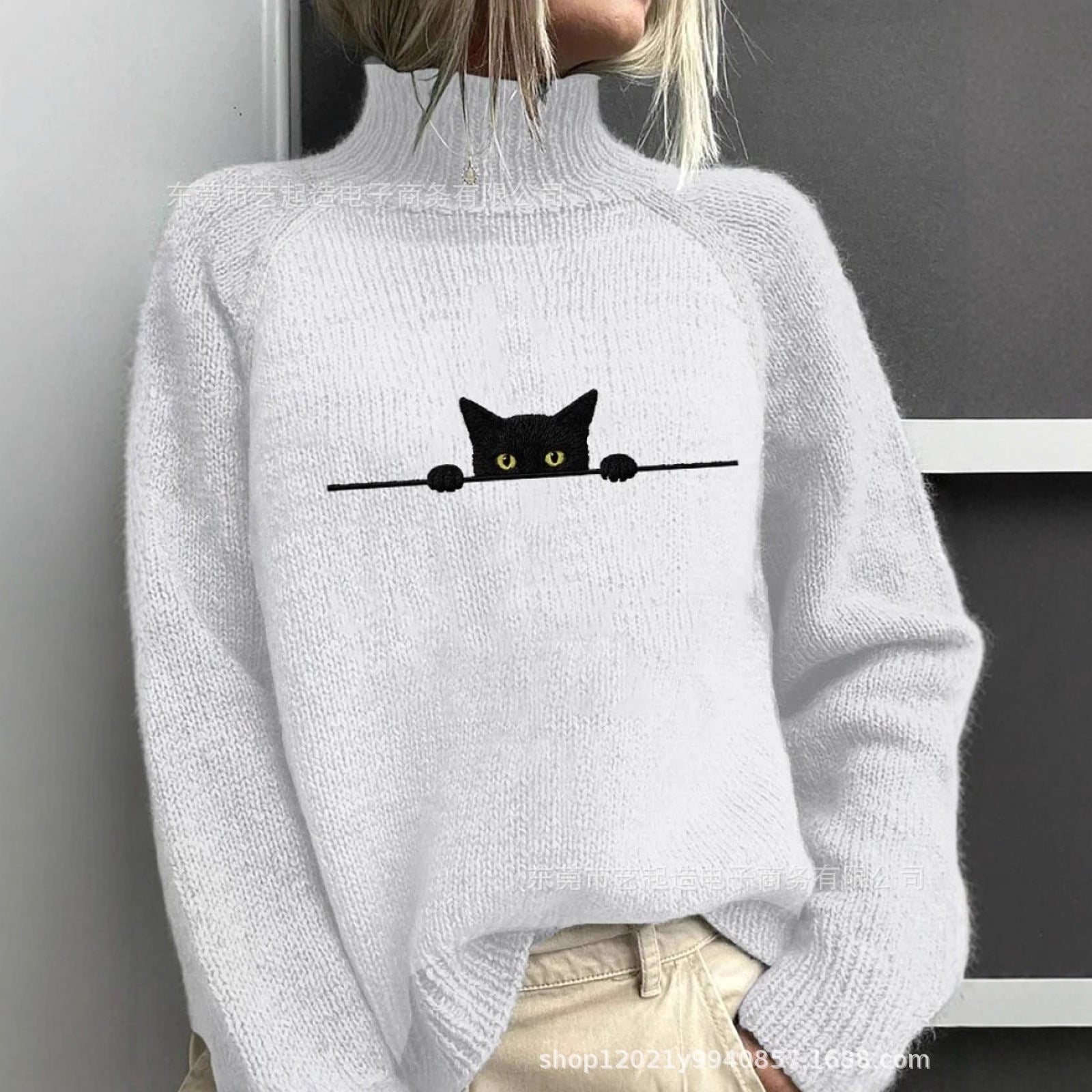 Womens Color-Block Printed AutumnWinter High-Neck Long-Sleeve Top For Independent Stores