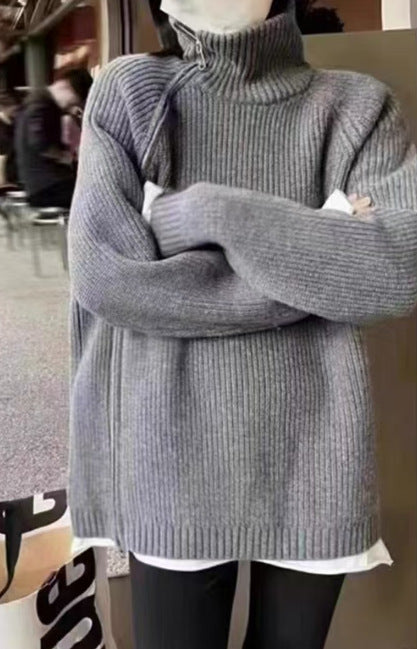 Loose, Mid-Length Effortless-Style Knitted Sweater For Women With Side Zipper And Lapel Design