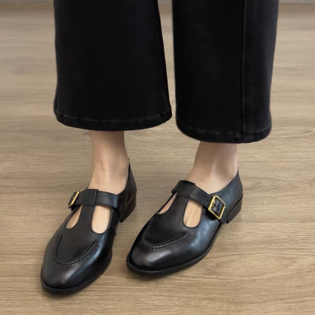 Spring British-style Retro T-Strap Chunky Heel Round-toe Commuter Pumps