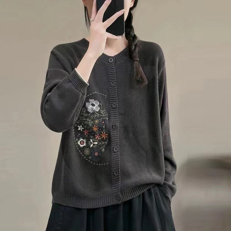 Chinese-style Corn-stitch Cotton Knit Cardigan Sweater For Women
