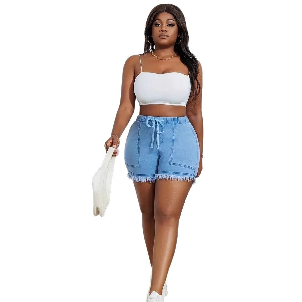 Womens High-Waisted Denim Shorts With Elastic Waistband