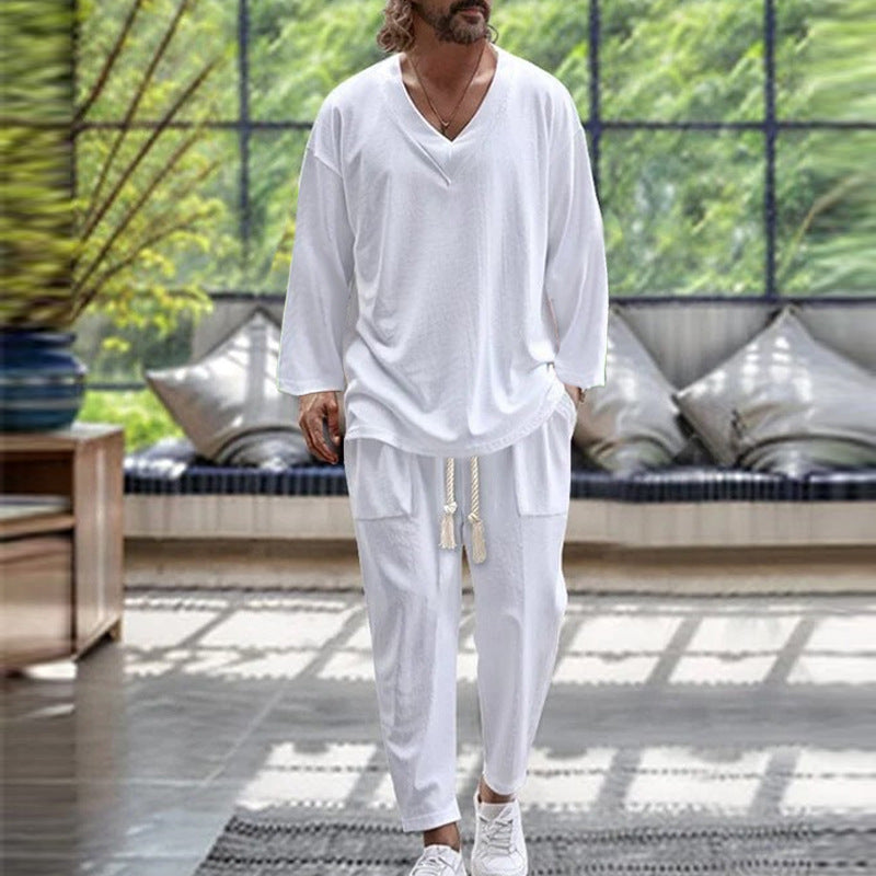 Solid Color V-Neck Pullover Short-Sleeve Drawstring Pocket Design Ankle-Tightening Pants Set