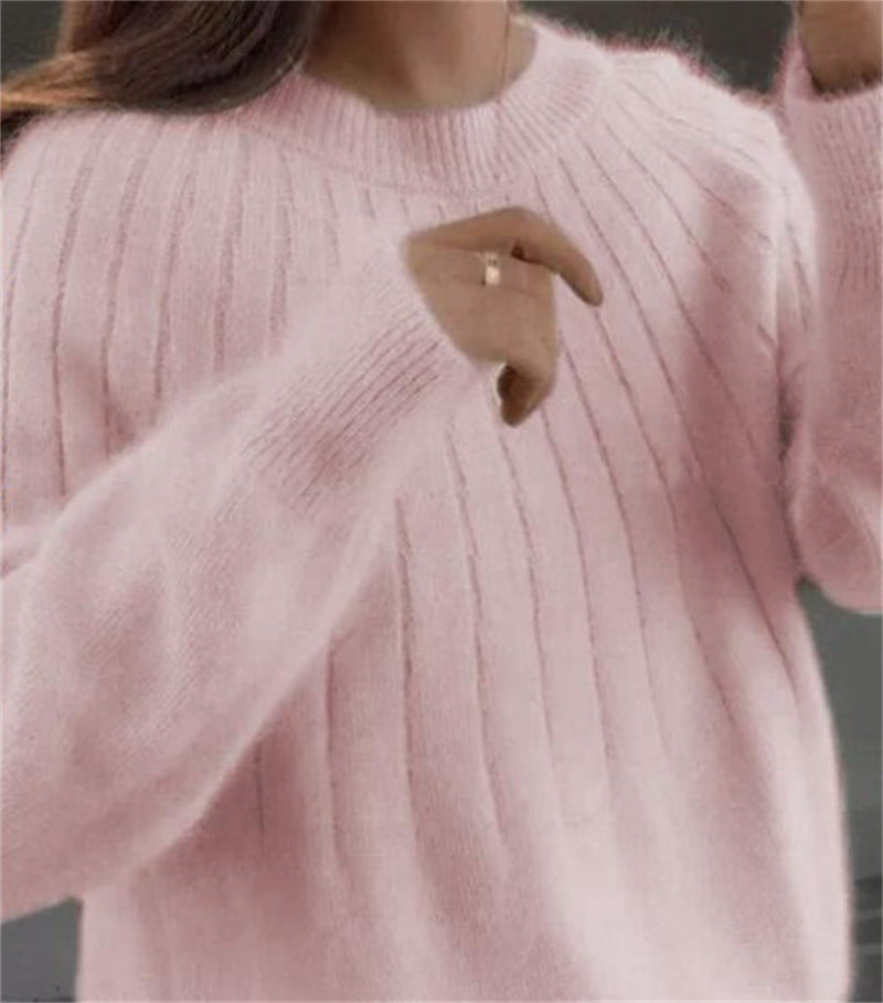 Womens Solid Color Short Pullover With Round Neck Loose Fitting Outerwear And Base Layer Knit Top