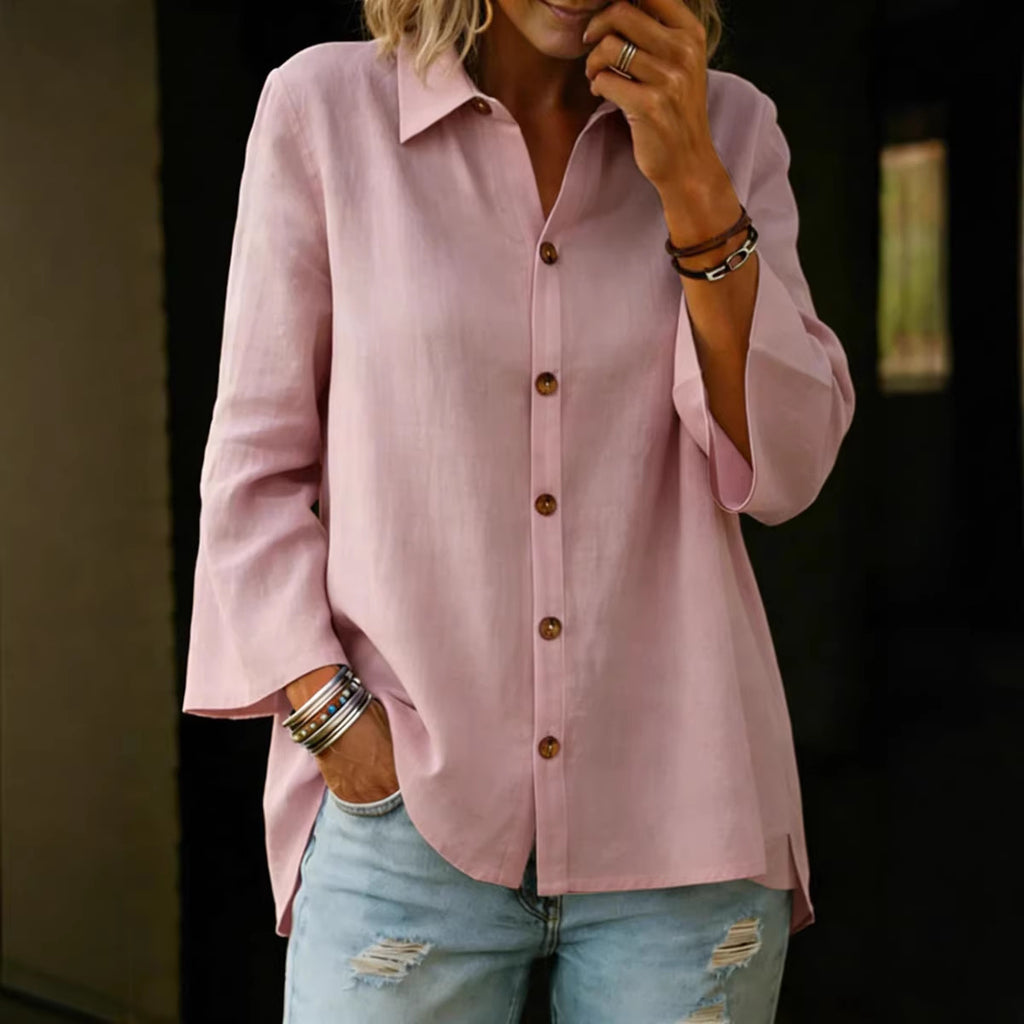 Single-breasted Solid-color Three-quarter-sleeve Womens Blouse