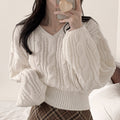 New Korean-style Relaxed-fit Solid-color Cable-knit Sweater With Lantern Sleeves