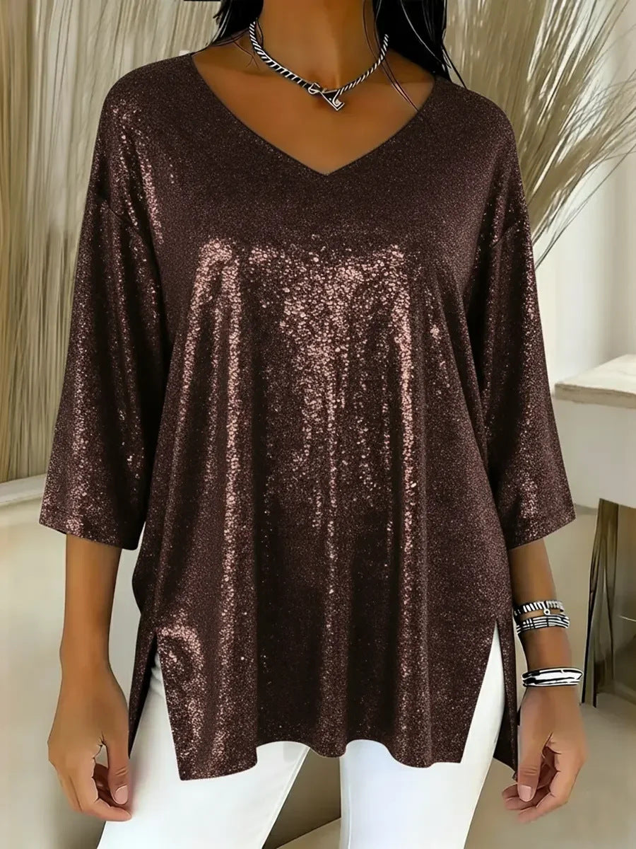 Womens Solid-Colored Loose V-Neck Cropped-Sleeve Split Top