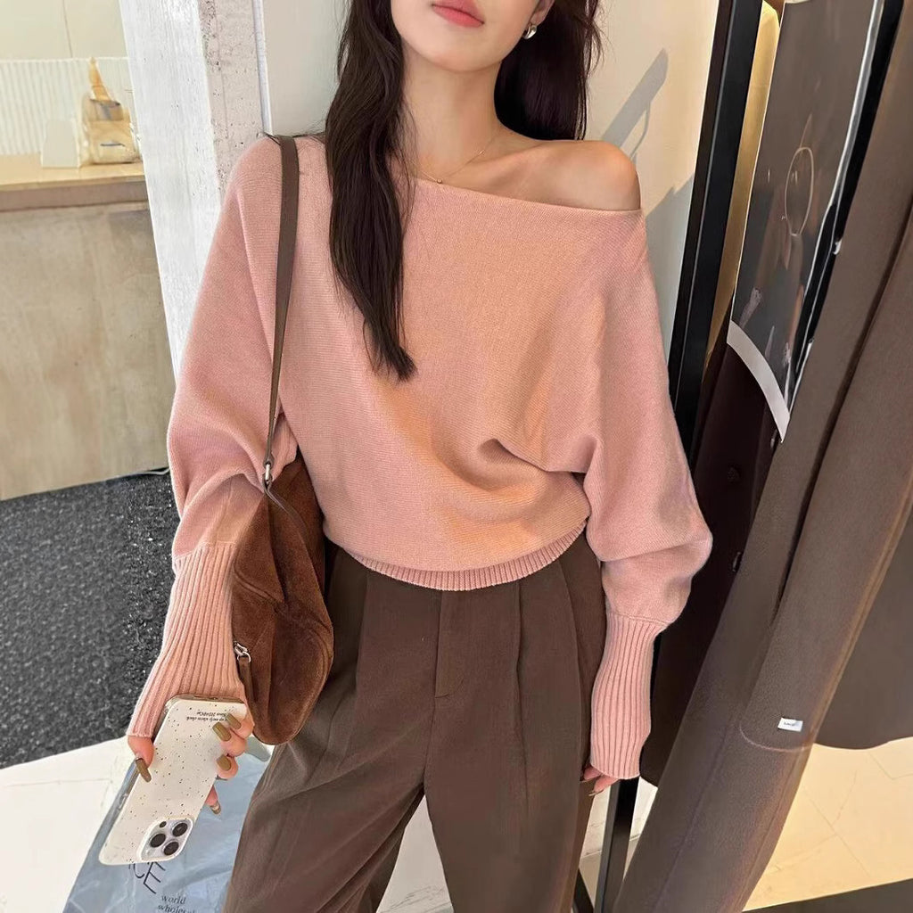 Korean-style Elegant Red Long-sleeve Knit Top With A Slanted Shoulder Design