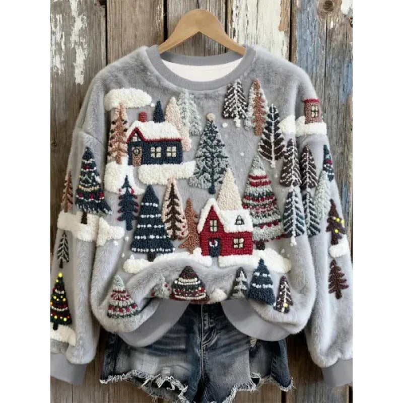 Womens Autumn Winter Christmas Cartoon Puppy Crew-Neck Sweatshirt
