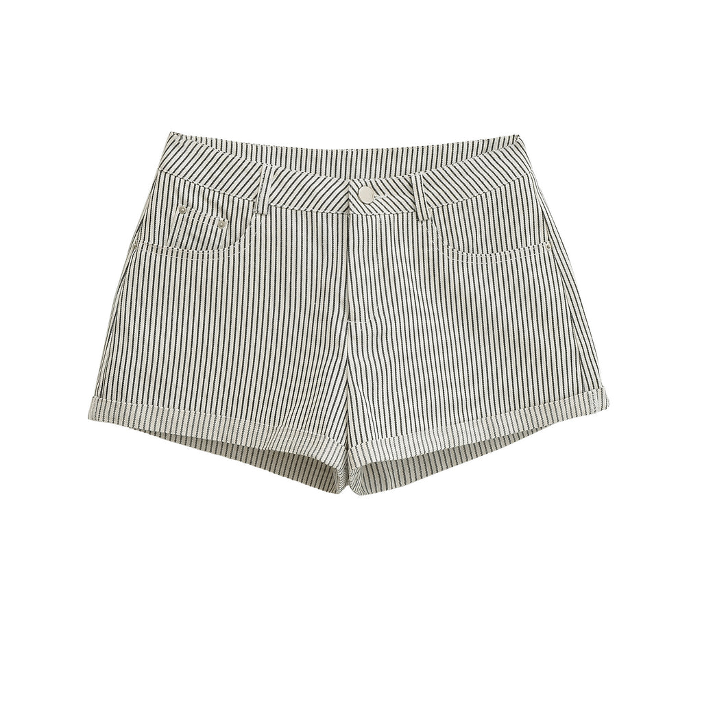 Womens Black And White Striped A-Line Casual Denim Shorts