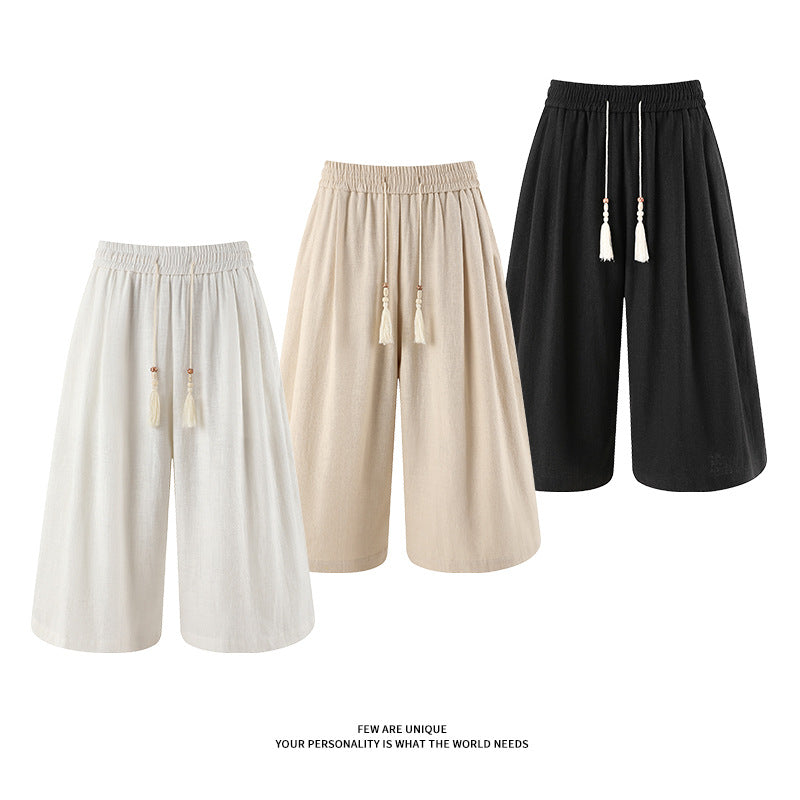 Retro Cotton-linen Wide-leg Casual Capri Pants