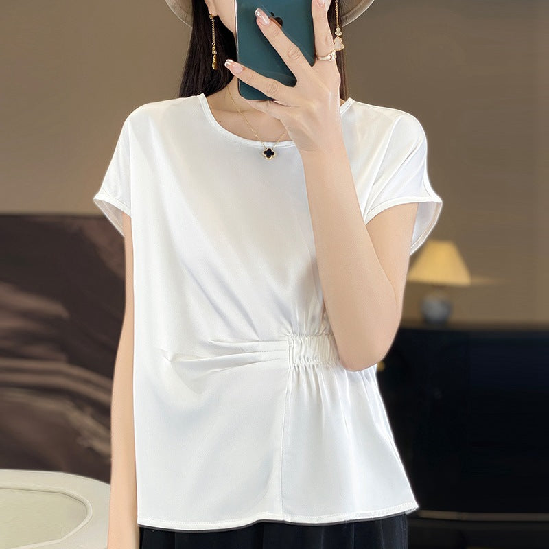 Crew-neck Simple All-match Drawstring Short-length Short-sleeve T-shirt