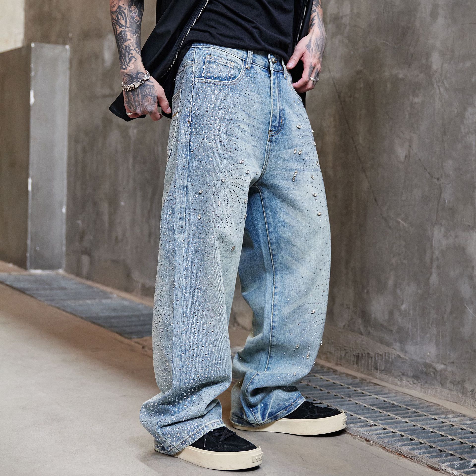 Men's High Street Washed Straight Full Diamond Design Jeans