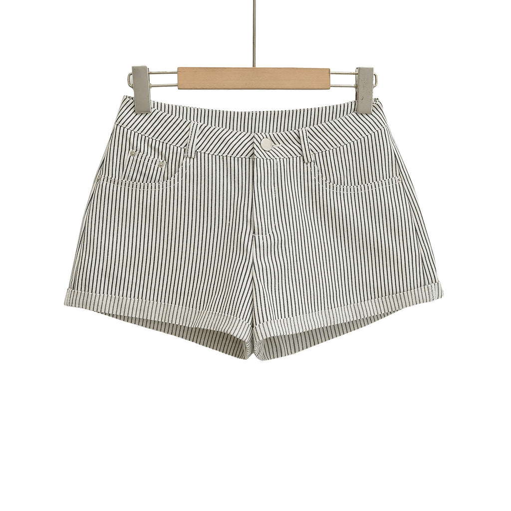 Womens Black And White Striped A-Line Casual Denim Shorts
