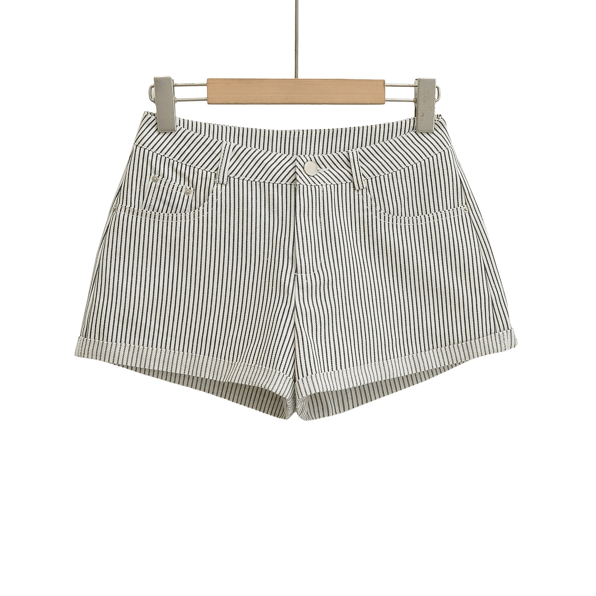 Womens Black And White Striped A-Line Casual Denim Shorts