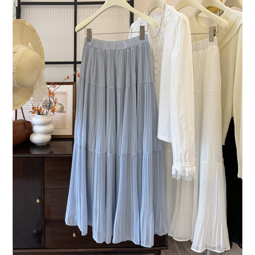 Womens Solid-Colored French-Style Retro Elegant Pleated High-Waist Skirt