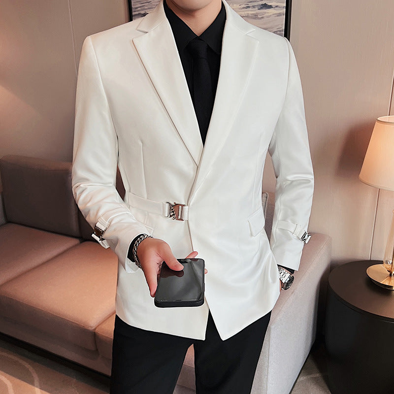 Men's New Personalized Ruan Handsome Casual Suit Top Texture Trendy Buckle Design British Style Suit Coat