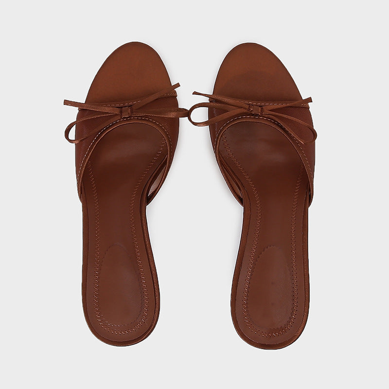 Womens Brown Mesh Sandals With Bow Detail And High Heel