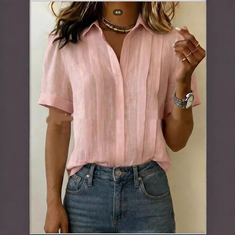 Turn-down Collar, Short-sleeve, Loose-fit Pleated Cotton Shirt