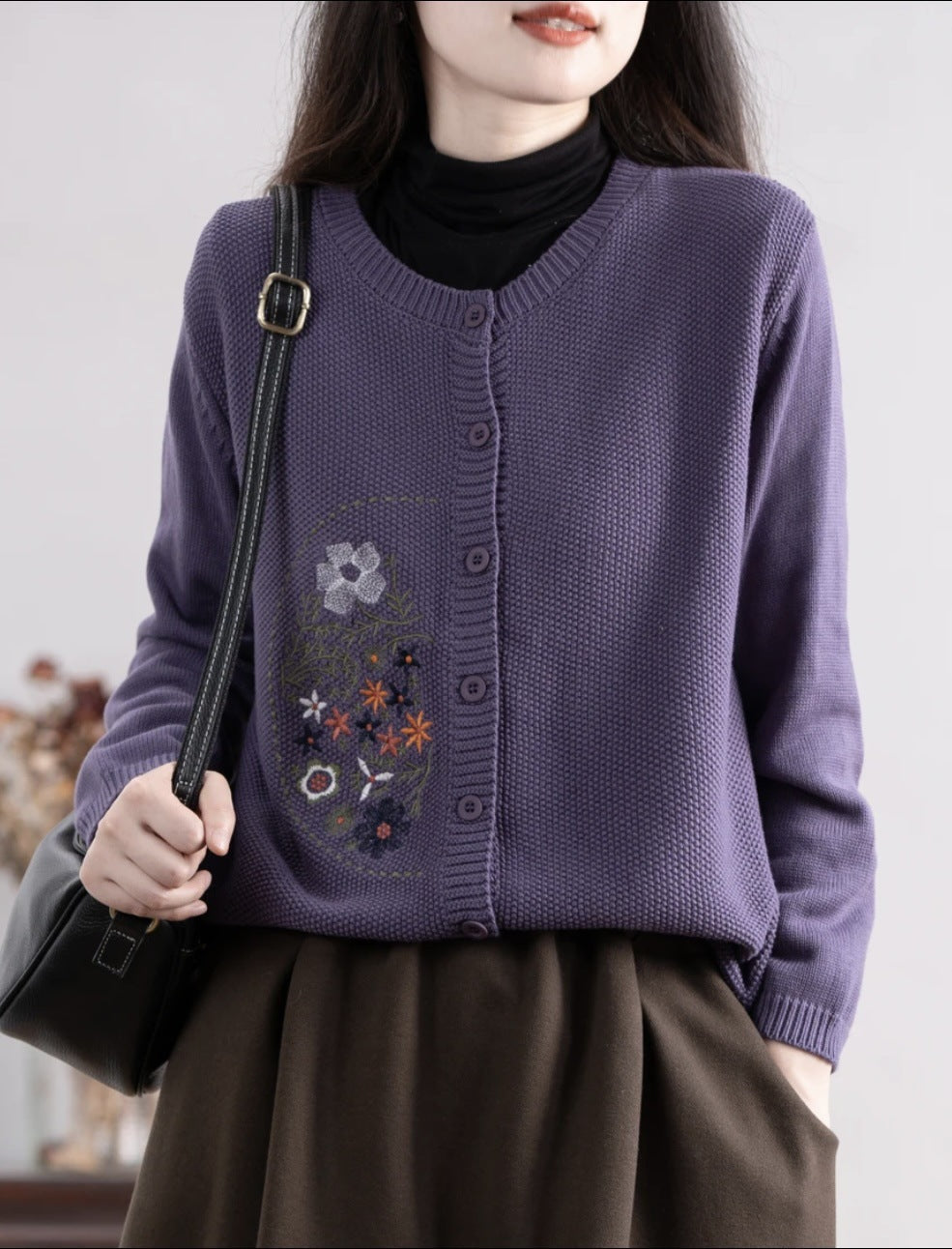 Chinese-style Corn-stitch Cotton Knit Cardigan Sweater For Women