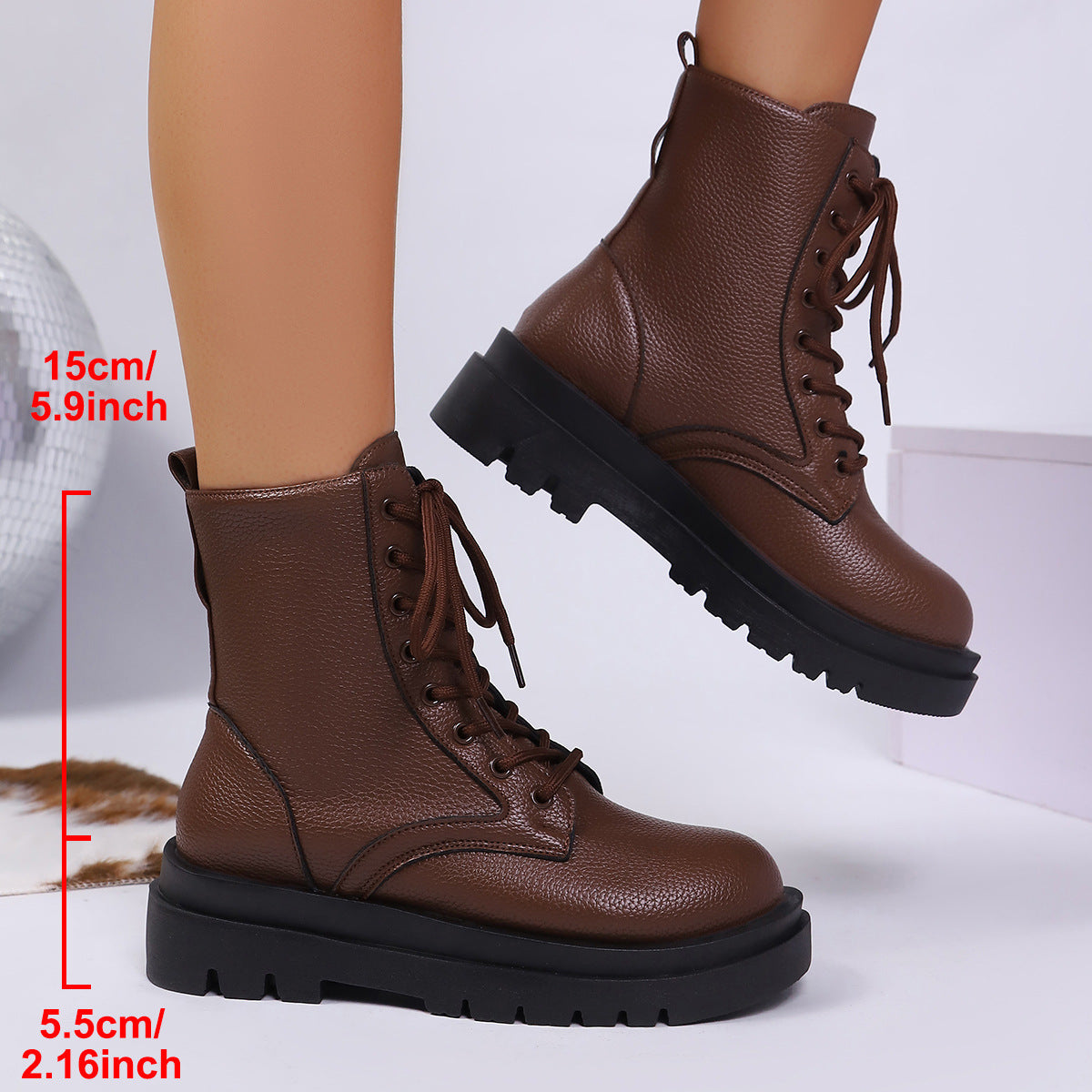 Women's Round-toe Plus-size Lace-up Chunky-sole Ankle Boots