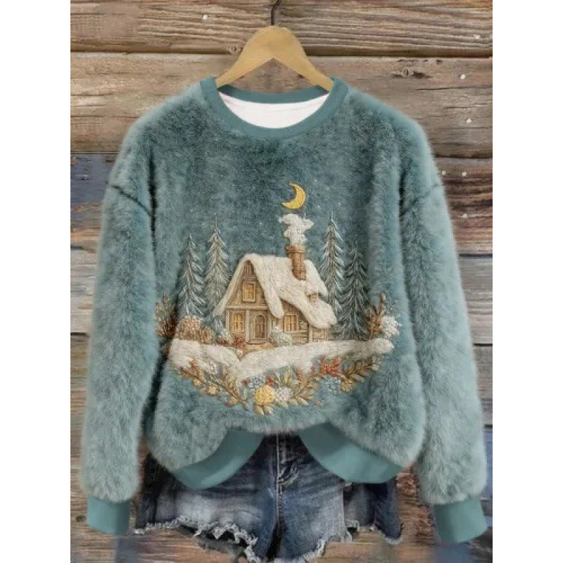 Womens Autumn Winter Christmas Cartoon Puppy Crew-Neck Sweatshirt