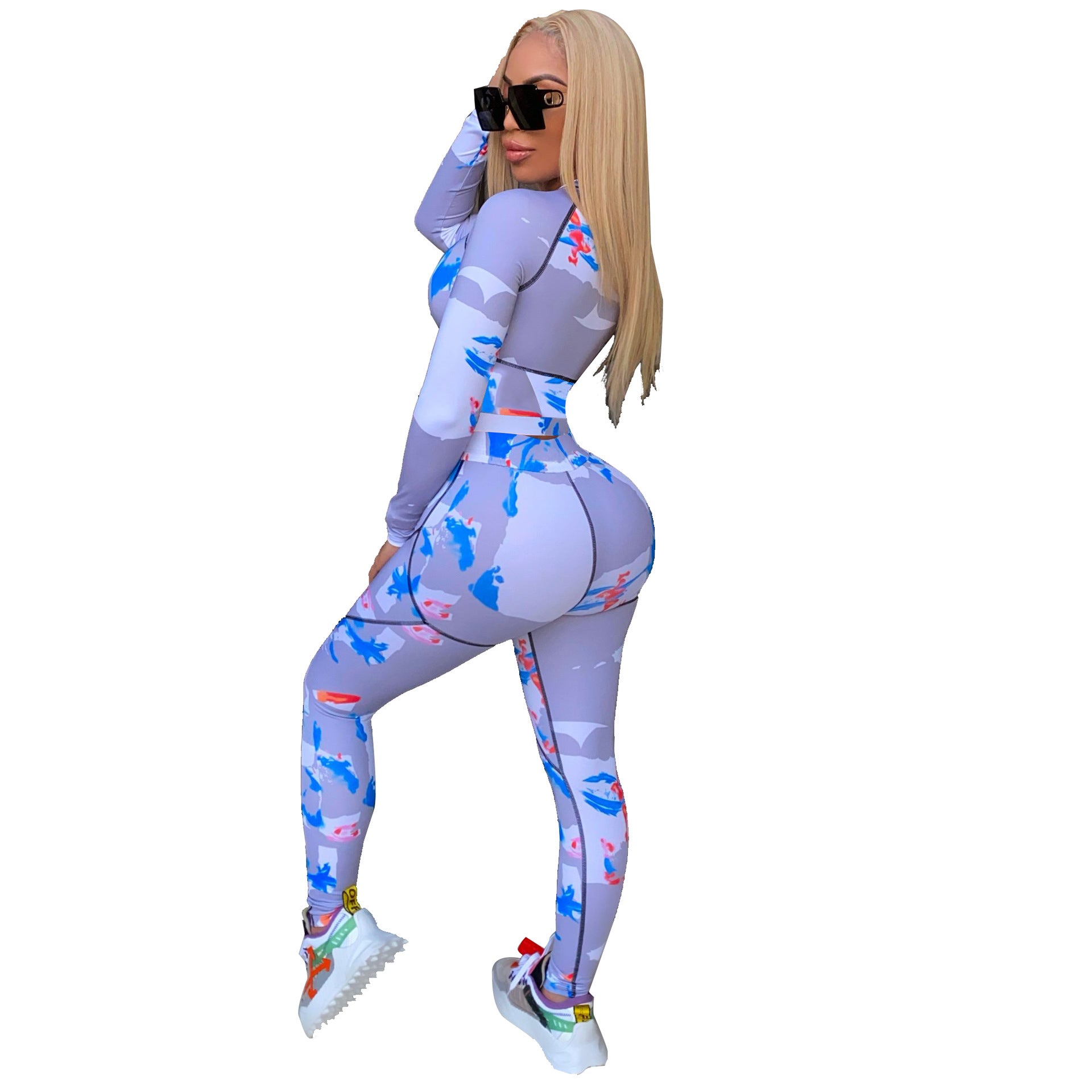 Women's Digital Printing Long Sleeved Fashion Tight Suit