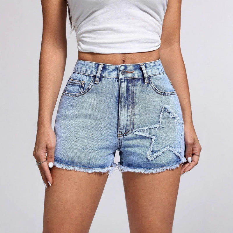Womens Casual Stylish Raw-edge Star Denim Shorts