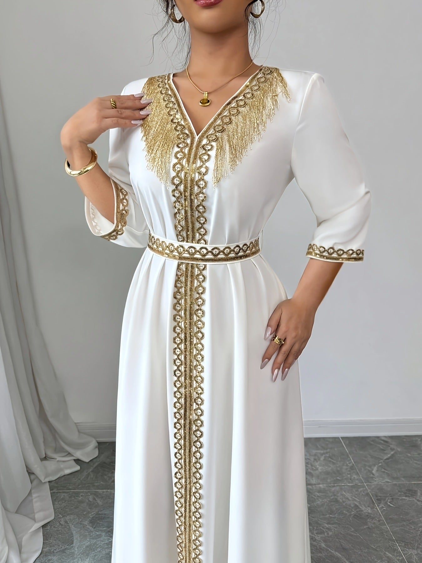 Women's Lace Tassel Slim Fit Dress Muslim Robe