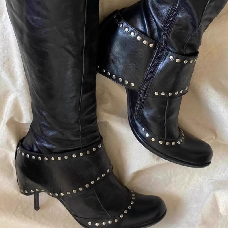 Studded Round-toe Fashion Over-the-knee Boots With A Thin Heel