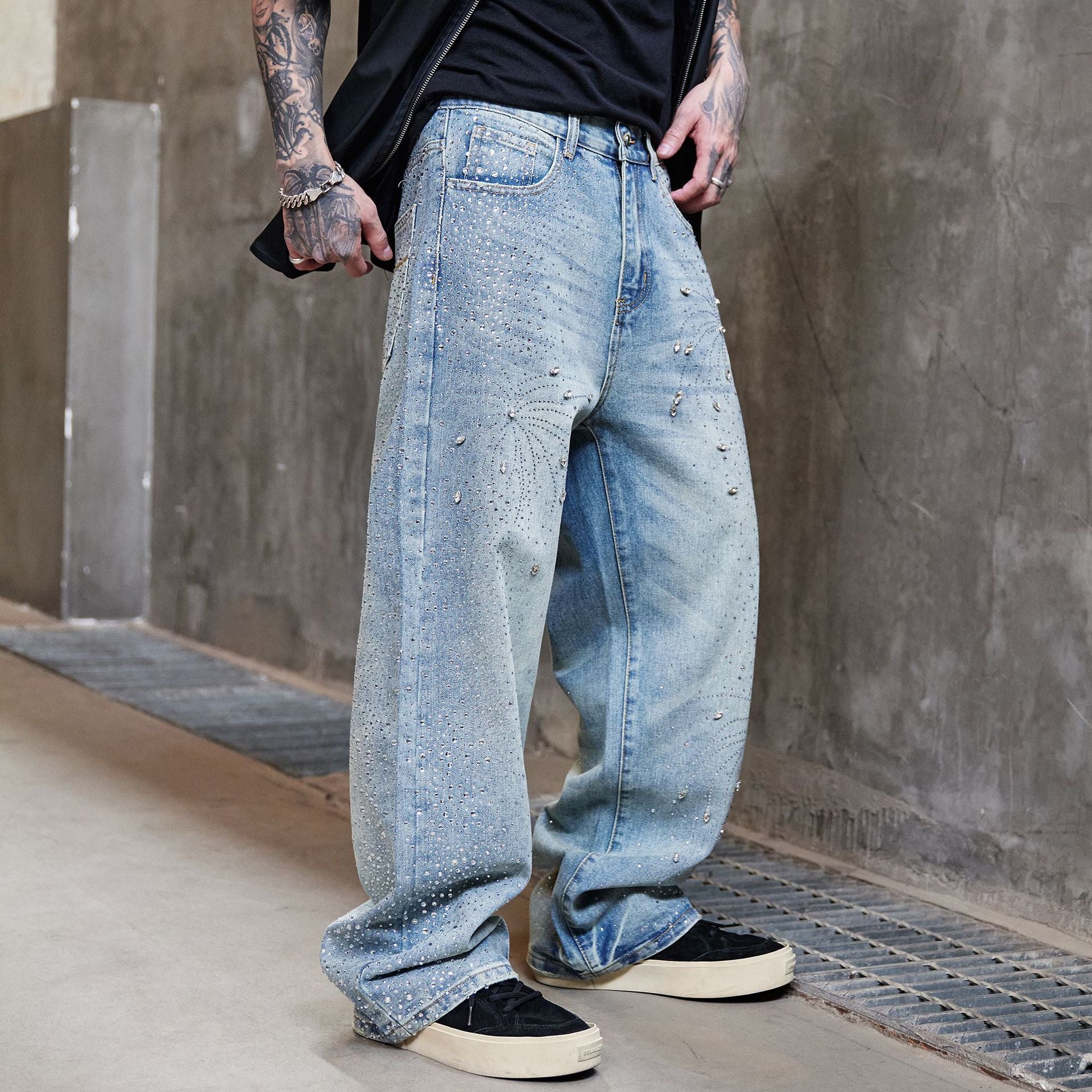 Men's High Street Washed Straight Full Diamond Design Jeans
